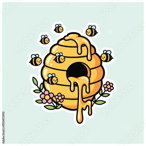 Beehive with Bees and Honey Dripping Down.
