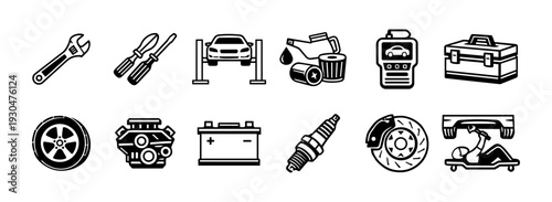 Auto Repair and Mechanic Workshop Icon Set – Black and White Line Art Automotive Service Symbols