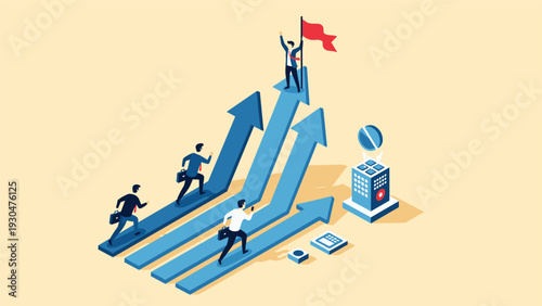 Team of business people racing up rising blue arrows towards the peak where a leader holds a red flag of victory and achievement.