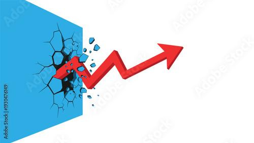 Sharp red arrow breaking through a solid blue wall representing a powerful breakthrough and successful business progress and innovation.