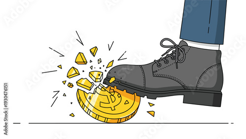 Large black boot stepping on and smashing a gold dollar coin representing a major financial crisis and economic downfall in market.