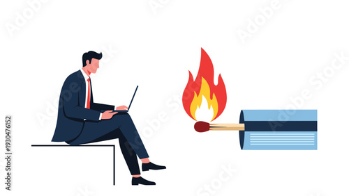 Professional working on a laptop while a burning matchstick emerges from a credit card representing financial risk and debt problems.