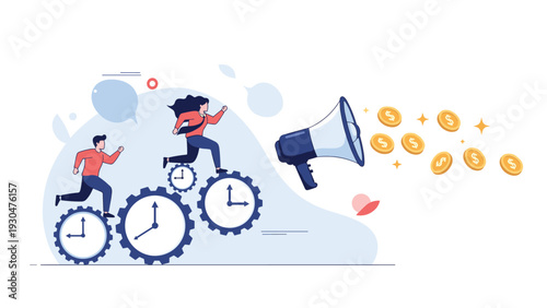 Energetic girl running on large clock gears as a giant megaphone sprays gold coins signifying time management and financial gain.