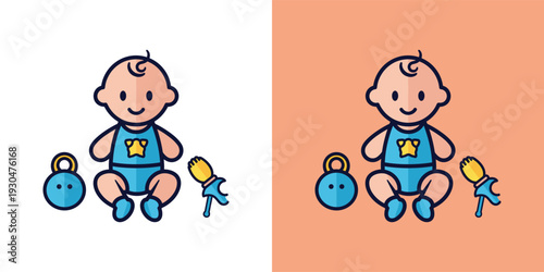 Adorable baby character in a blue outfit, accompanied by a rattle and pacifier, perfect for themes related to childcare, infancy, and early development