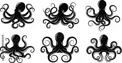 Octopus silhouette vector collection with detailed tentacles black sea creature illustration set for tattoo logos nautical designs and marine artwork