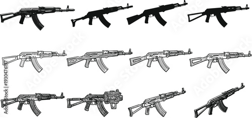 Set of Tactical Assault Rifle Vector Illustrations Featuring AK47 Style Machine Guns in Detailed Line Art and Solid Black Silhouette Icons for Design