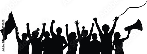 People protest crowd silhouette with raised fists flag and megaphone vector illustration for activism freedom demonstration concept isolated on white background