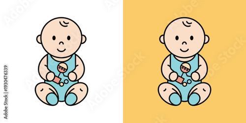 Cute and playful cartoon baby icon holding a traditional rattle, symbolizing infancy, joy, and early childhood development for various design projects