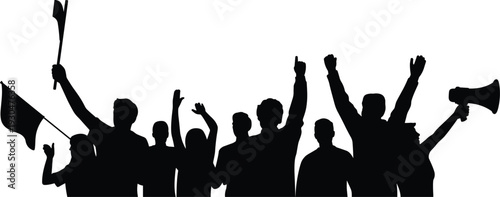 People protest crowd silhouette with raised hands flag and megaphone vector illustration for activism freedom movement concept isolated on white background