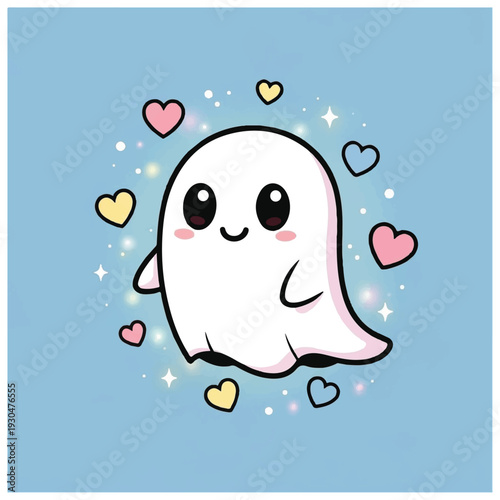 Cute Cartoon Ghost Character with Hearts.