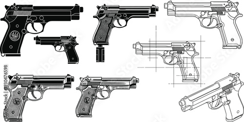  Set of semi automatic handgun illustrations featuring black silhouettes line art and technical blueprint drawing styles isolated on a white background