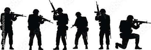 Set of tactical military and police officer silhouettes featuring armed soldiers in shooting stances with rifles and handguns for security concepts.