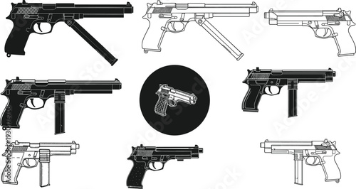 Set of tactical military soldier silhouettes and handgun technical vector illustrations featuring armed men in shooting stances and detailed firearm design blueprints.