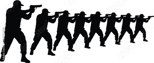 Large collection of tactical military soldier silhouettes and handgun technical vector illustrations featuring armed men in shooting stances and detailed firearm blueprints.