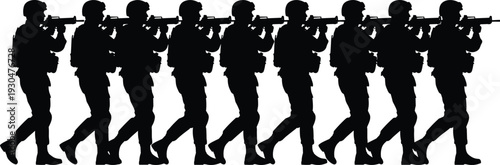 Large bundle of tactical military soldier silhouettes and handgun technical vector illustrations featuring armed men in shooting stances and detailed firearm blueprints.