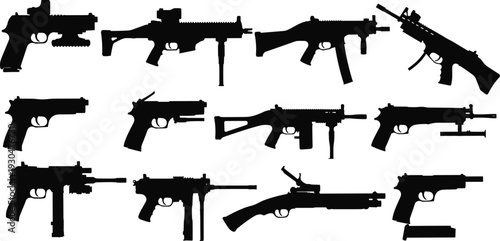 Set of tactical weapon silhouettes including modern pistols submachine guns assault rifles and shotguns isolated on white background for military design projects