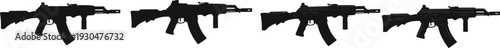 Collection of four assault rifle silhouettes showing transition from solid black to detailed vector line art isolated on a white background