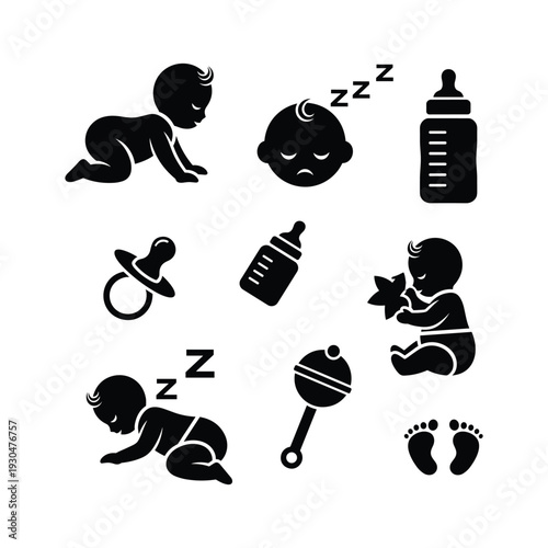 A comprehensive collection of black silhouette icons depicting essential baby items and infant activities like sleeping, crawling, feeding, and playing, perfect for parenting and nursery designs