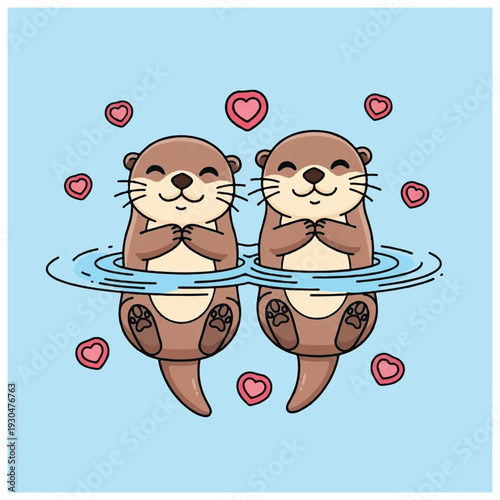 Cartoon Otters Swimming in Water Illustration.