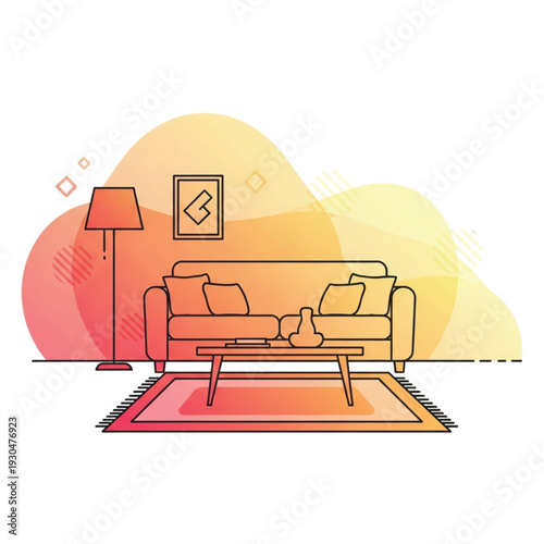 Vector illustration of a living room with a couch, coffee table, and lamp