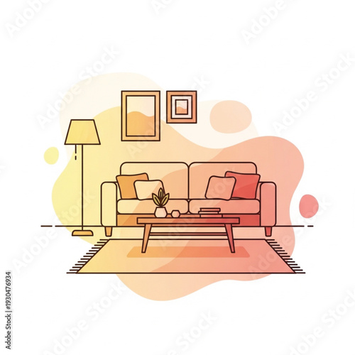 Vector illustration of a living room with a couch, lamp, and coffee table