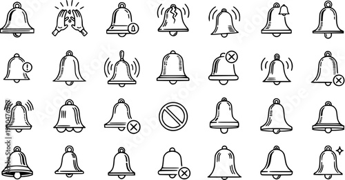 Bell Notification Icons Set. Outline vector pictograms of ringing, silent, new message, disabled, and alert bells. Modern symbols for mobile app interface, web design, and UIUX.