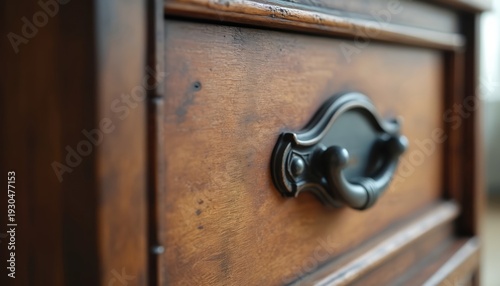 Close-up view of an ornate dark metal handle on a vintage wooden dresser. The drawer front has a warm brown aged wood grain texture. Intricate carved details on the furniture piece.