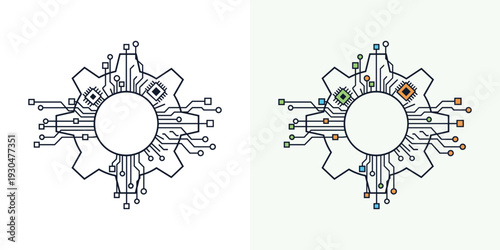 Abstract digital gear with integrated circuit board design, symbolizing technological innovation, artificial intelligence, and engineering solutions for modern systems