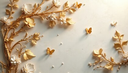 Elegant gold vine with white flowers and butterflies on light background. Intricate design features ornate leaves and pearl details. Perfect for luxury decor invitations and wedding cards.