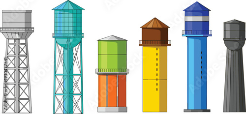 Set of colorful water tower illustrations in different architectural styles isolated on white background, industrial storage tank vector collection