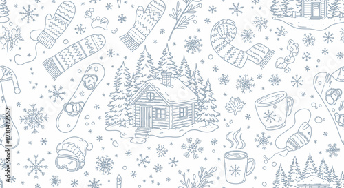 Cozy Winter Holiday Outline Pattern with Cabin, Snowflakes, and Hot Drinks on an Isolated White Background