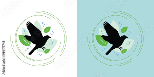 Stylized black bird in graceful flight within a natural circular frame, a minimalist graphic illustration ideal for eco-friendly branding and modern designs