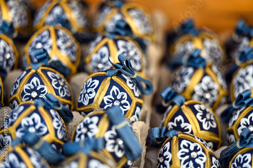 Colorful painted Easter eggs close up, Holiday background