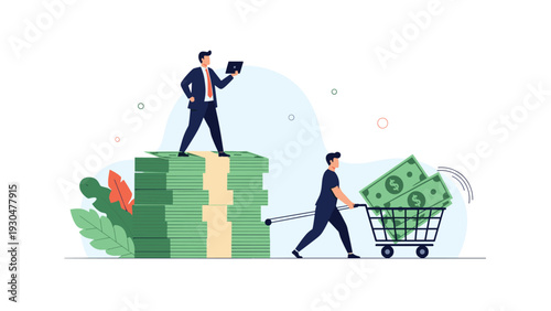 Successful businessman standing on a pile of money while another man pulls a shopping cart full of cash towards him for wealth gain.