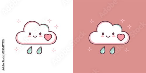 Adorable hand-drawn cloud illustration with a sweet smiling face, rosy cheeks, a pink heart, and gentle rain, evoking feelings of love, happiness, and soft weather