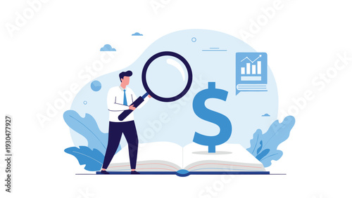 Professional male analyst using a magnifying glass to inspect financial data and dollar signs on a giant open book.