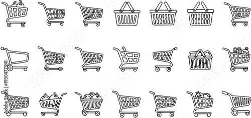 Set of Shopping Cart and Basket Line Art Icons for E-commerce, Retail, and Grocery Store Concepts