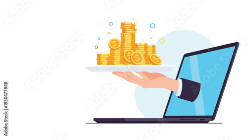 Successful online entrepreneur receiving profit in the form of gold coins directly from a portable laptop screen.
