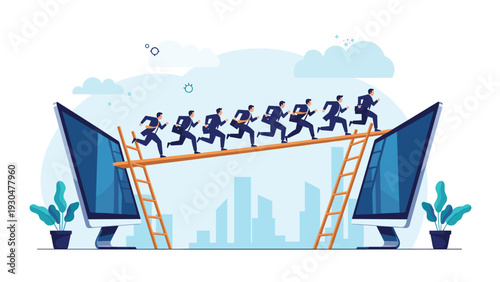 Group of dedicated business professionals running across a wooden bridge connecting two large computer monitor screens.
