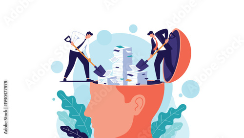 Two office workers shoveling large piles of documents into the open top of a human head for knowledge processing.