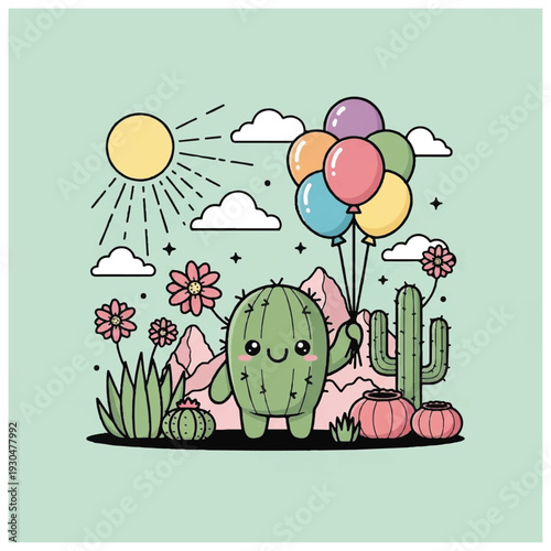 Cute Cartoon Cactus Character with Balloons.