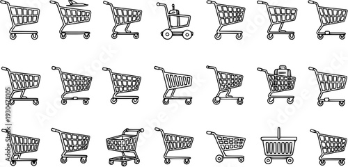 Black and White Outline Vector Icons Collection of Various Shopping Carts and Baskets for E-commerce, Retail, and Business Applications