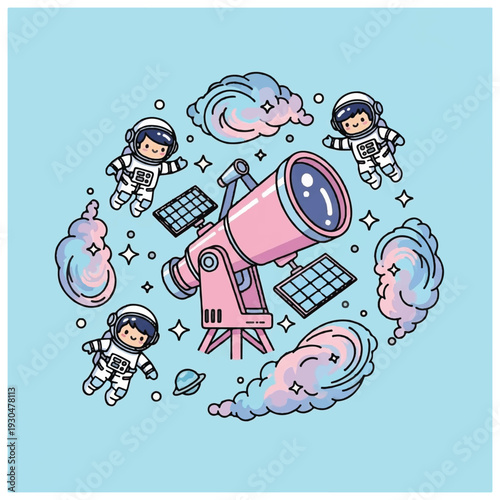 Astronauts and Telescope in Space Scene.