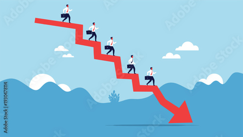Group of businessmen running down a sharp falling red arrow representing a financial crash and economic crisis in the market.