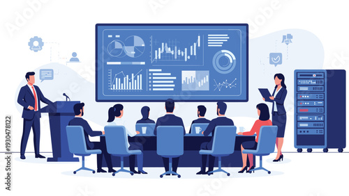 Professional business team sitting in a modern conference room and analyzing complex data displayed on a large digital monitor screen.