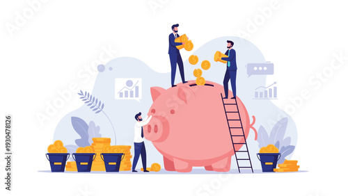 Team of business people working together with ladders and buckets to fill a giant pink piggy bank with gold coins for savings.