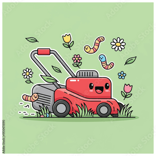 Red Lawnmower Cartoon Character Cutting Grass.