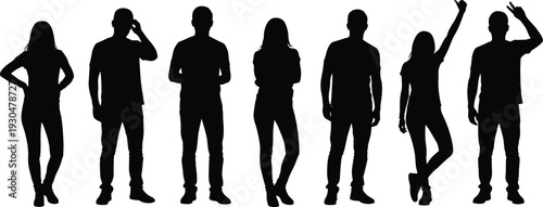 Standing people silhouette collection black human figures in casual poses vector set for business lifestyle teamwork and social design concepts