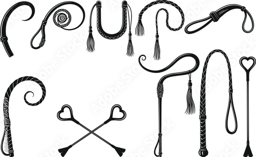 BDSM whip silhouettes collection isolated on white background, fetish flogger riding crop and heart shaped paddle vector set
