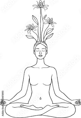 Minimalist line art of a human meditating with blooming flowers from head, mental health and self-care concept.